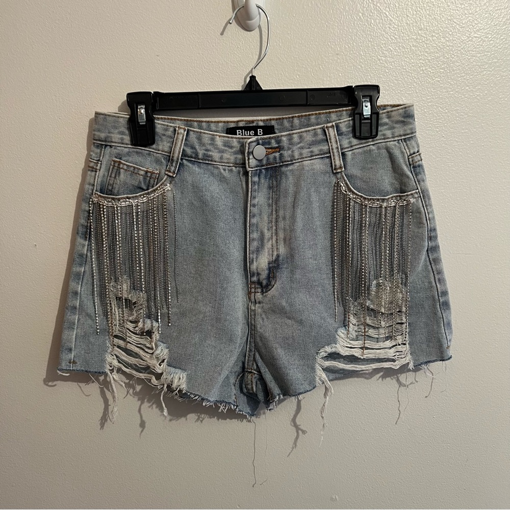 Blue B Distressed Denim Shorts with Fringe‎ size large